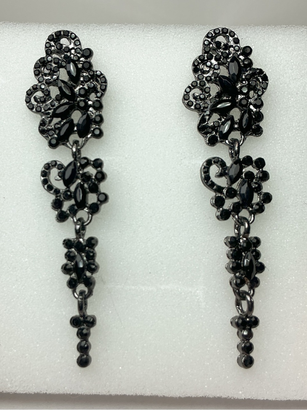 Black Crystal Chandelier Long Drop Filigree Ornate Sparkly Dangle  Earrings